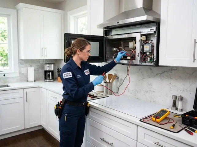 Appliance Repair Hero technician testing an over-the-range microwave in a Appomattox, VA kitchen